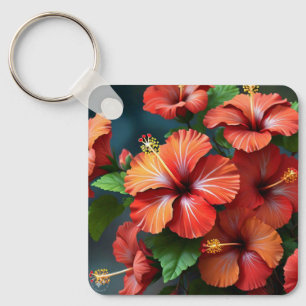 Vibrant Red Hibiscus Flowers-76894 Keychain