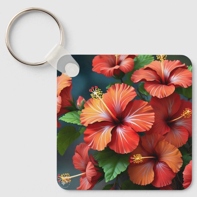 Vibrant Red Hibiscus Flowers-76894 Keychain (Front)