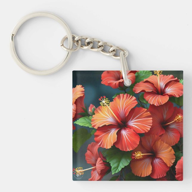 Vibrant Red Hibiscus Flowers-76894 Keychain (Front)