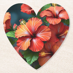 Vibrant Red Hibiscus Flowers with Leaves-76894 Paper Coaster