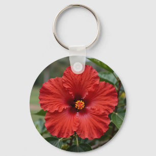 Vibrant Red Hibiscus Tropical Bloom Keychain
