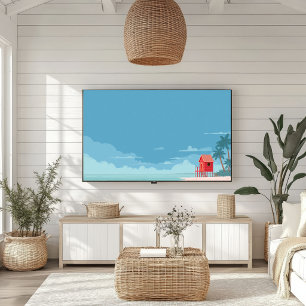 Vibrant red lifeguard station on a sandy beach poster