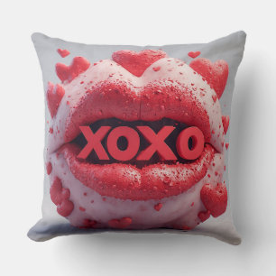 Vibrant Red Lips With XOXO by Romantic hearts Throw Pillow
