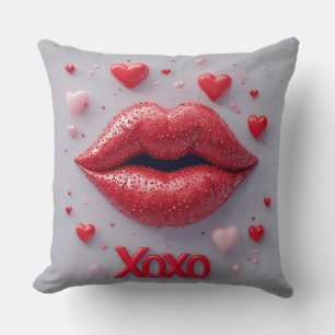 Vibrant Red Lips With XOXO by Romantic hearts Throw Pillow
