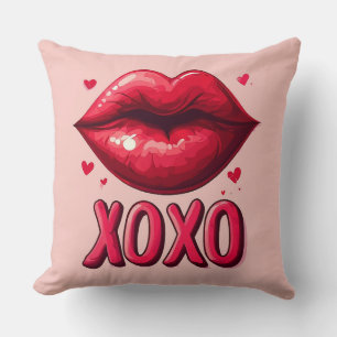 Vibrant Red Lips With XOXO Design Throw Pillow