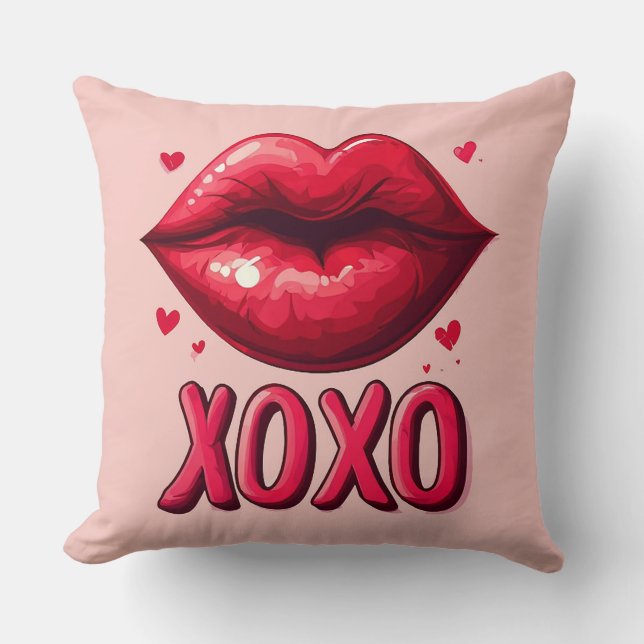 Vibrant Red Lips With XOXO Design Throw Pillow (Front)