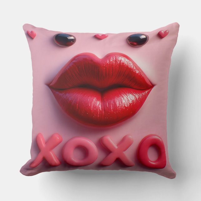Vibrant Red Lips With XOXO Design Throw Pillow (Front)