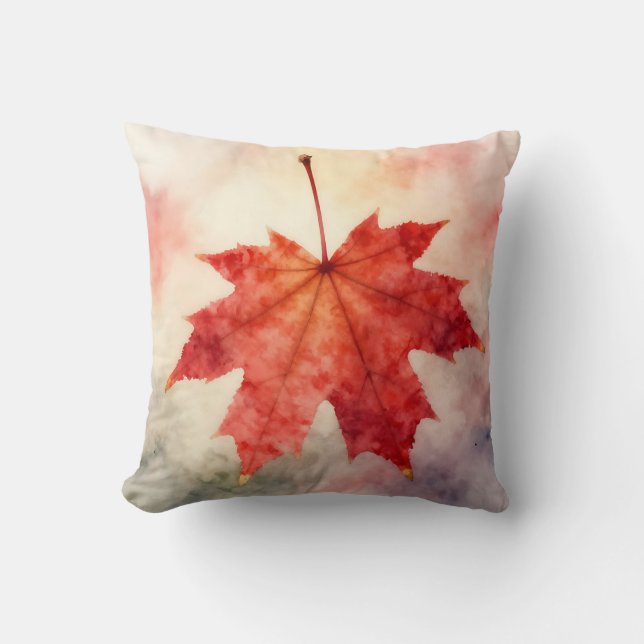 Vibrant Red Maple Leaf Watercolor Throw Pillow (Front)