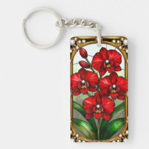 Vibrant Red Orchids in Ornamental Gold Frame Keychain