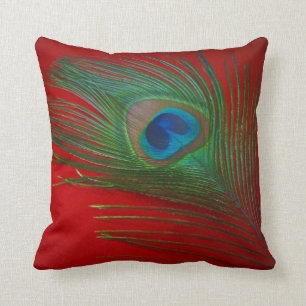 Vibrant Red Peacock Feather Throw Pillow