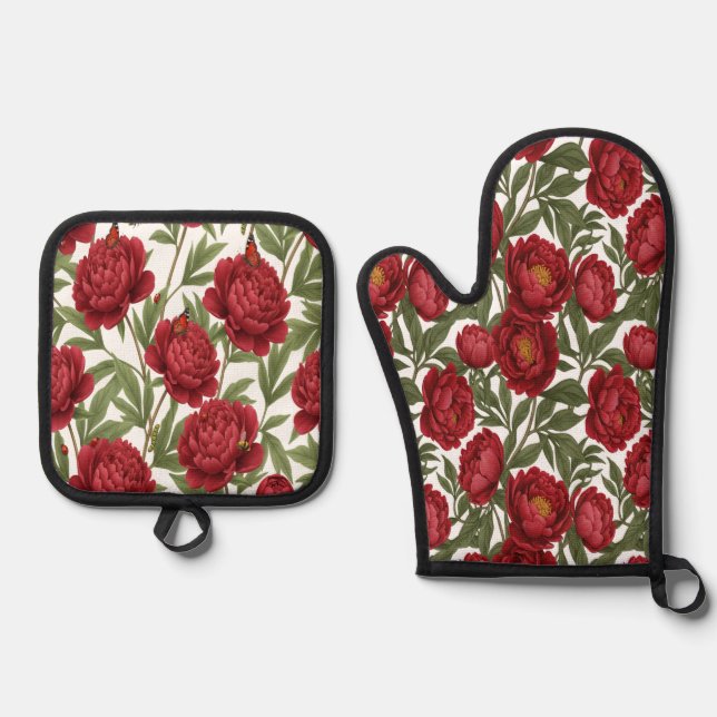 Vibrant Red Peony Collection Customizable Party Oven Mitt & Pot Holder Set (Front)
