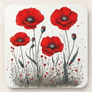 Vibrant Red Poppies Illustration Coaster