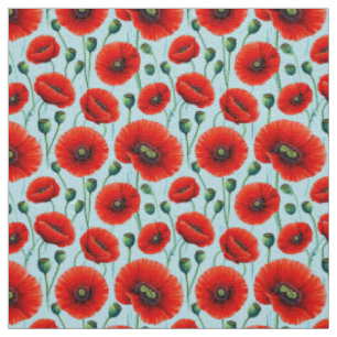 Vibrant Red Poppies on a Light Blue Background Fabric