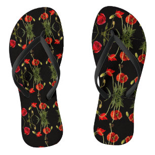 Vibrant Red Poppies On Black Flip Flops