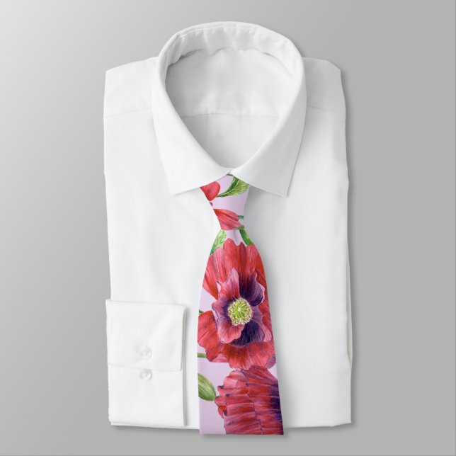 Vibrant Red Poppies Watercolor Floral Pattern Tie (Tied)