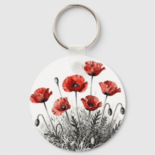 Vibrant Red Poppy Flower Meadow Keychain