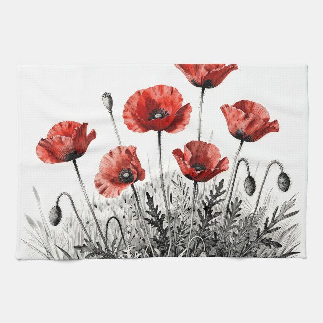 Vibrant Red Poppy Flower Meadow Kitchen Towel (Horizontal)