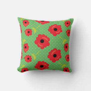 Vibrant Red Poppy Pattern Throw Pillow