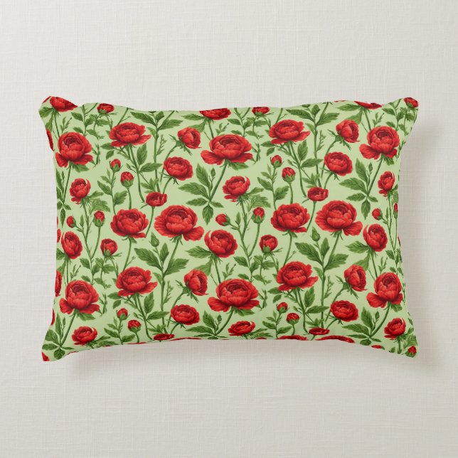 Vibrant Red Ranunculus Floral Pattern Accent Pillow (Front)