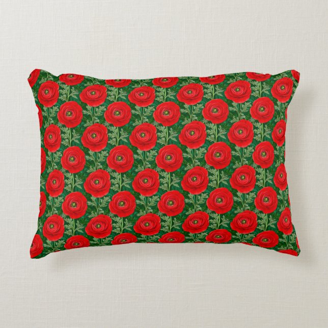 Vibrant Red Ranunculus Floral Pattern Accent Pillow (Front)
