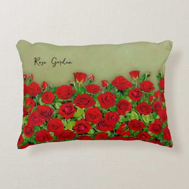 Vibrant Red Rose Garden Floral Pattern Accent Pillow (Front)