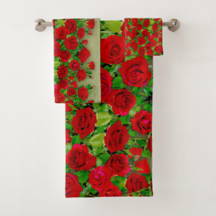 Vibrant Red Rose Garden Floral Pattern Bath Towel Set