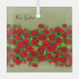 Vibrant Red Rose Garden Floral Pattern Glass Ornament