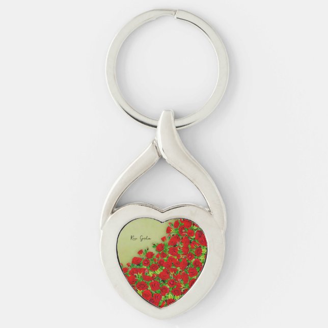 Vibrant Red Rose Garden Floral Pattern Keychain (Front)