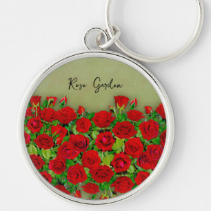Vibrant Red Rose Garden Floral Pattern Keychain