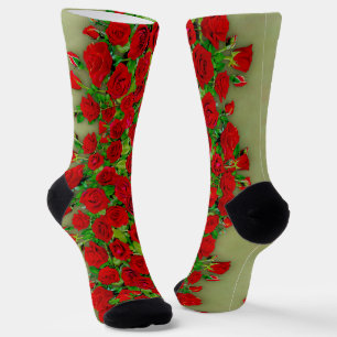 Vibrant Red Rose Garden Floral Pattern Socks