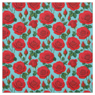 Vibrant Red Roses on a Light Blue Background Fabric