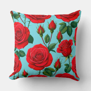 Vibrant Red Roses on a Light Blue Background Throw Pillow