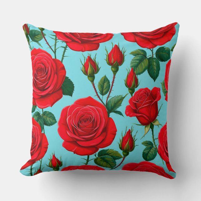 Vibrant Red Roses on a Light Blue Background Throw Pillow (Front)