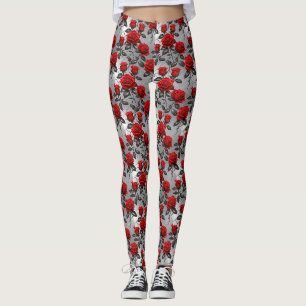 Vibrant Red Roses On A Metallic Silver Background Leggings