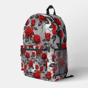 Vibrant Red Roses On A Metallic Silver Background  Printed Backpack