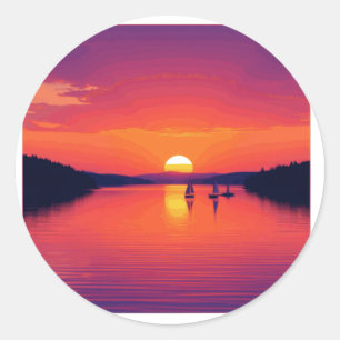 Vibrant Red Sunset Over the River Classic Round Sticker