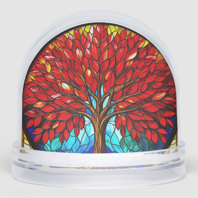 Vibrant Red Tree Stained Glass Art Snowglobe (Front)