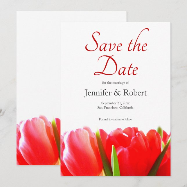 Vibrant Red Tulips Save the Date Invitation (Front/Back)