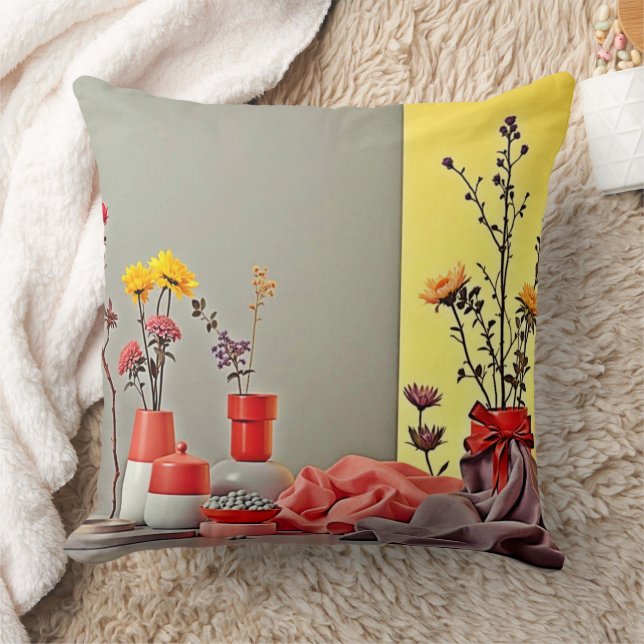 Vibrant Red Yellow Arrangement Design Throw Pillow (Blanket)