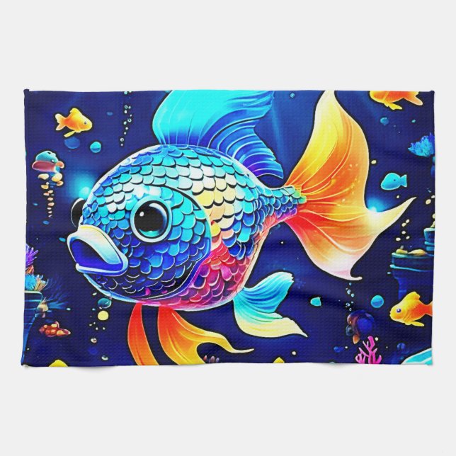 Vibrant Reef Fish Design Kitchen Towel (Horizontal)