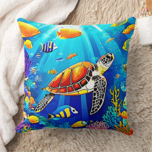 Vibrant Reef: Turtle's Underwater Realm Throw Pillow