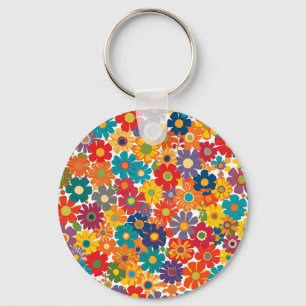 Vibrant Retro 60s Daisy Flower Power Pattern Keychain