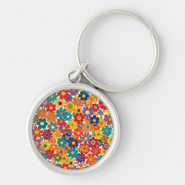 Vibrant Retro 60s Daisy Flower Power Pattern Keychain (Front)