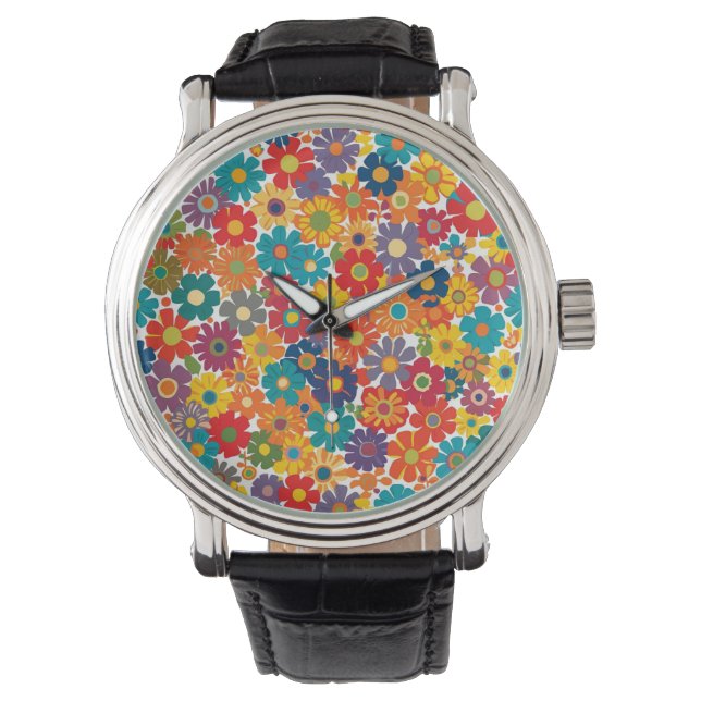 Vibrant Retro 60s Daisy Flower Power Pattern Watch (Front)