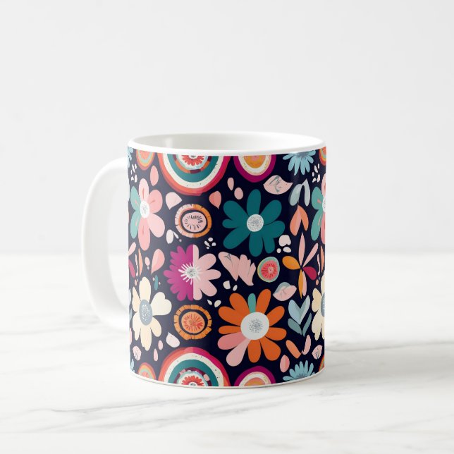 Vibrant Retro Floral and Geometric Pattern Coffee Mug (Front Left)