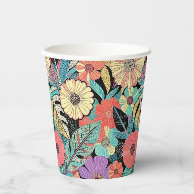 Vibrant Retro Floral Burst Paper Cups (Front)