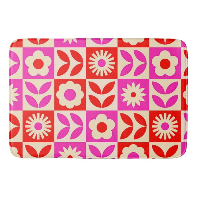 Vibrant Retro Floral Pattern Bath Mat (Front)