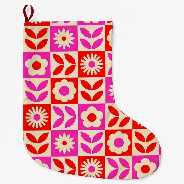 Vibrant Retro Floral Pattern Large Christmas Stocking (Front)