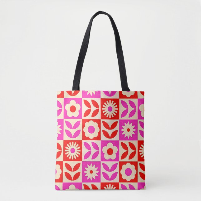 Vibrant Retro Floral Pattern Tote Bag (Front)