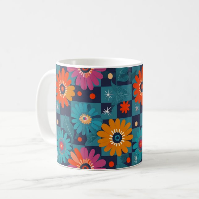 Vibrant Retro Floral Pattern with Teal Squares Coffee Mug (Front Left)